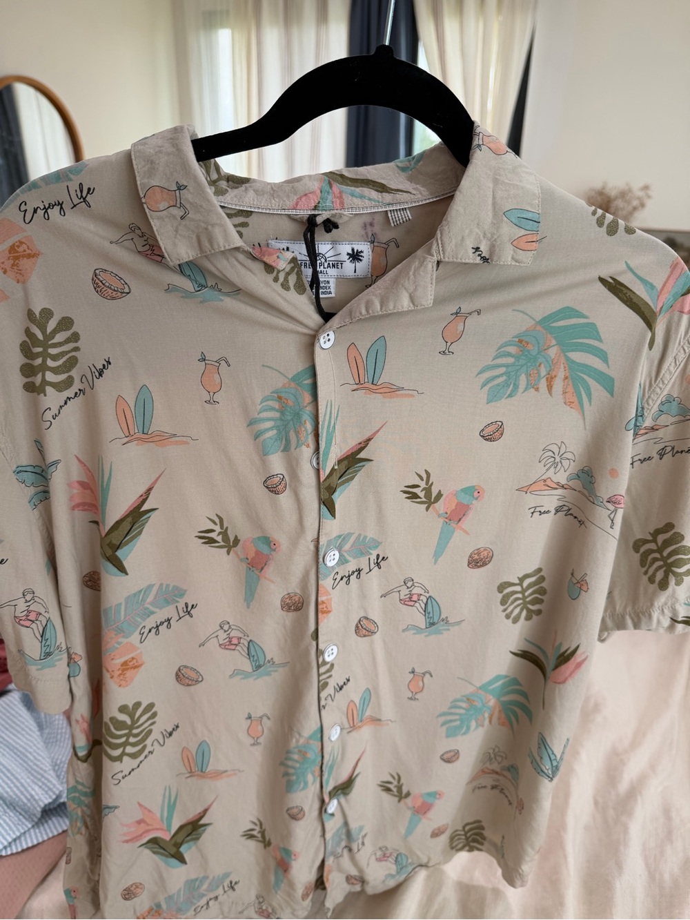 Free Planet Beige Floral Rayon Shirt with Green and Peach Accents